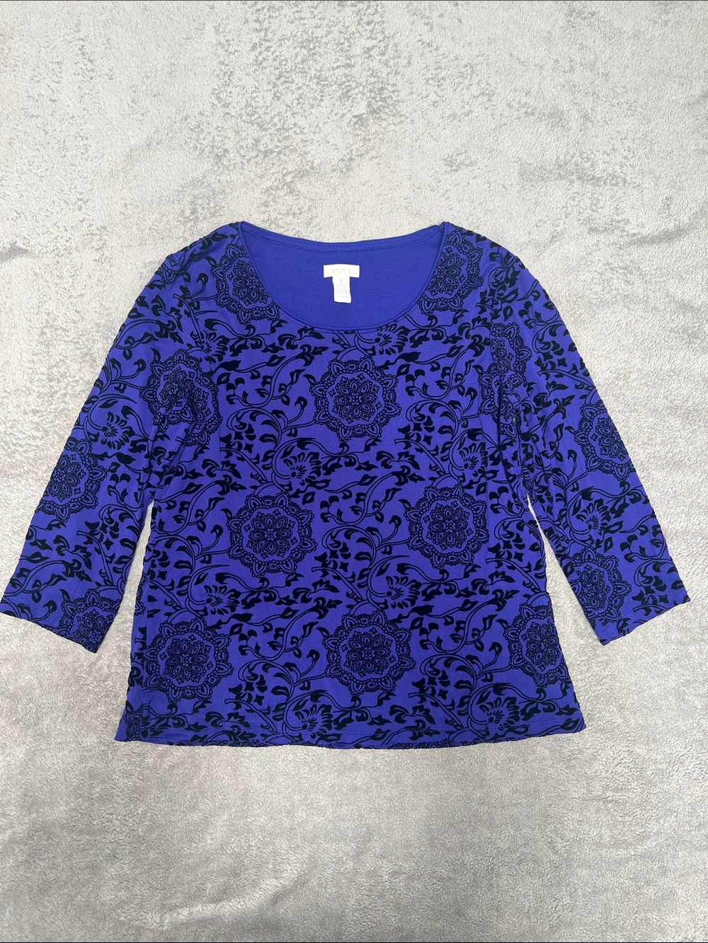 Chico's Royal Blue Floral Scoop Neck Long Sleeve Top